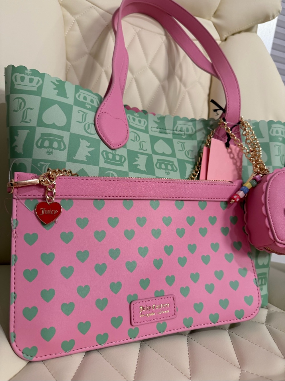Juicy Couture Pink & Mint Heart Tote Set - Picture 3 of 7